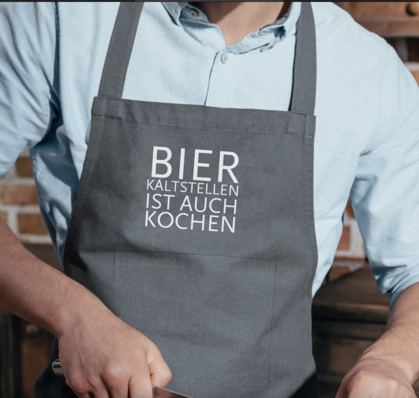 Küchenschürze - "Bier kaltstellen ist auch kochen" , grau